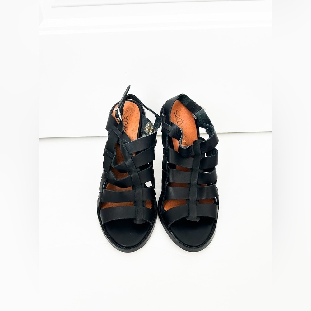 Anthropologie Sixty Seven Black and Silver Leather Block Heels Size 38